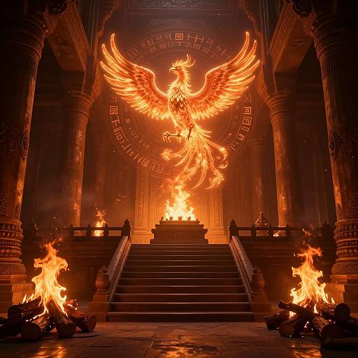 Photograph of a fiery, glowing phoenix with outstretched wings centered on an ornate, dark, temple-like staircase flanked by flames and columns