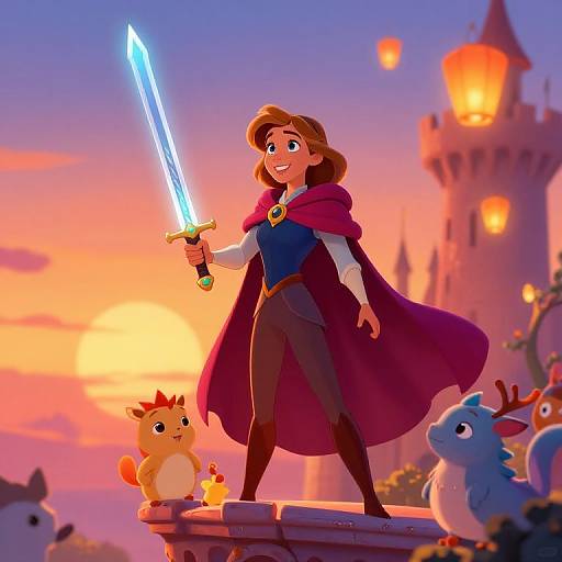 Digital illustration of a smiling, brown-haired girl in a red cape and blue dress, holding a glowing blue sword, standing on a stone ledge with cute