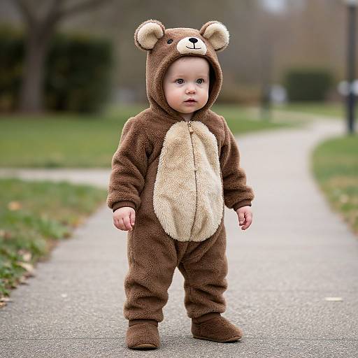 Photograph of a baby with fair skin and blue eyes, wearing a brown bear onesie with a beige chest, standing on a park path. Background