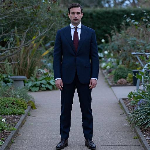 Man in Navy Suit on Garden Path