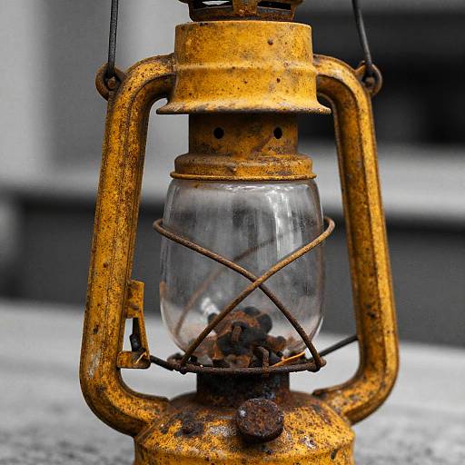Close-up photograph of a weathered, yellow, rusted kerosene lantern with a clear glass chimney, containing burning coals, on a gray