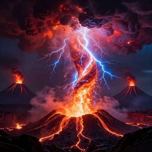 Photograph of a volcanic eruption with bright orange lava flowing down a mountain, illuminated by striking blue and white lightning bolts, surrounded by dark smoke and fiery