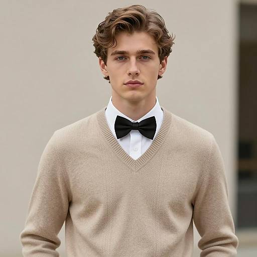 Young Man in Beige Sweater with Bow Tie