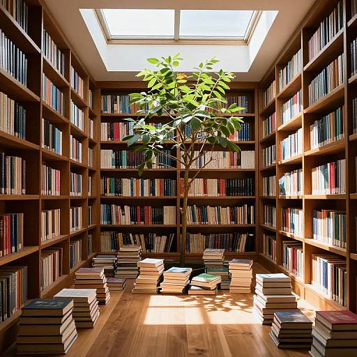 Photograph of a sunlit, wooden library with tall bookshelves, colorful books, a central potted plant, and stacks of books on the