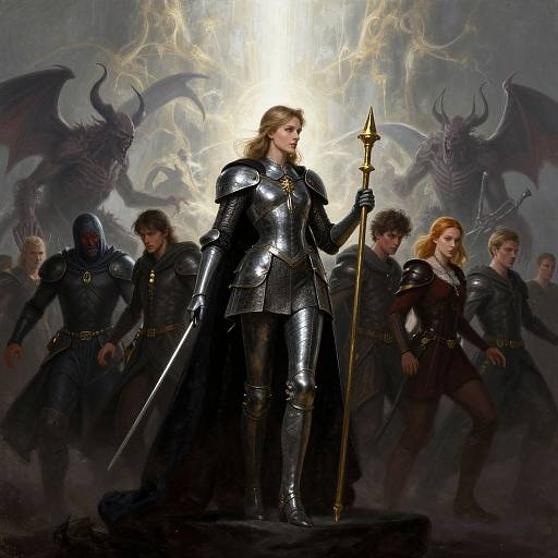Digital painting of a blonde woman in shining black armor holding a spear, surrounded by warriors and dark, winged demons in a stormy, glowing background
