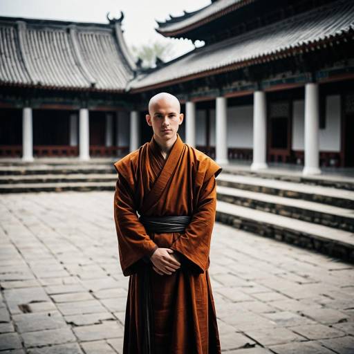 Young Monk Standing in Traditional Asian Courtyard