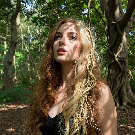 Photograph of a young woman with long, wavy blonde hair, wearing a black top, standing in a sunlit forest with dappled shadows