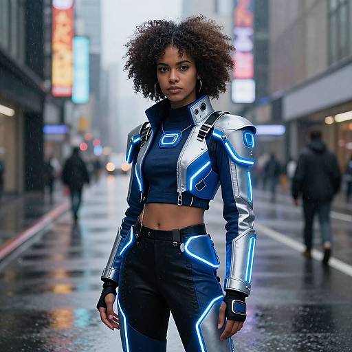 Cyberpunk street scene photograph of a confident Black woman with curly hair, wearing a glowing blue and silver futuristic jacket and black pants, standing on a