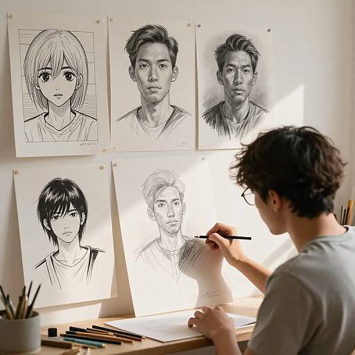 Young Artist Surrounded by Diverse Sketches