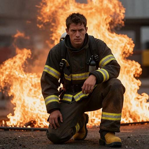 Intense Male Firefighter Amidst Flames