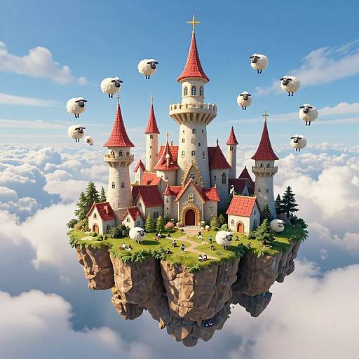 Fantastical CGI castle floating in the clouds, surrounded by floating sheep, with red roofs, turrets, and a bright blue sky background.
