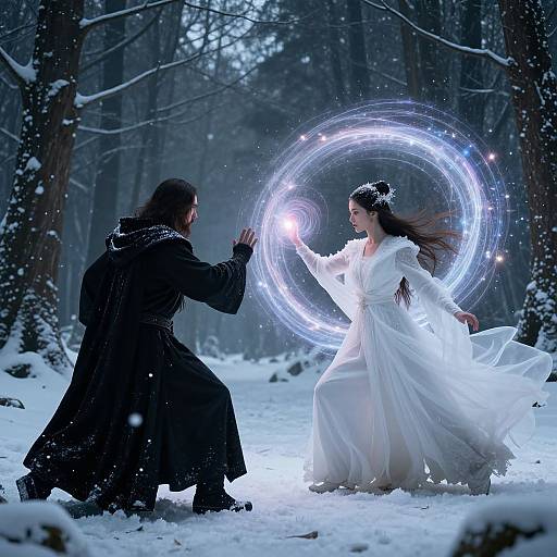 Photograph of a snow-covered forest at night, featuring a dark-robed man facing a white-gowned woman creating a glowing, circular light effect with