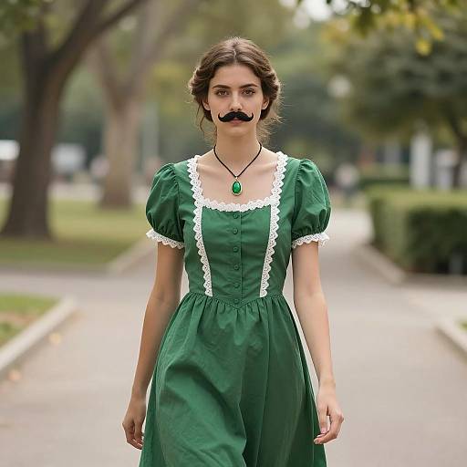 Young Woman in Green Dress with French Mustache Costume