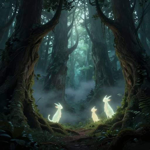 Digital fantasy artwork of a dark, misty forest with three glowing, ethereal, deer-like creatures with white, luminescent bodies, standing on