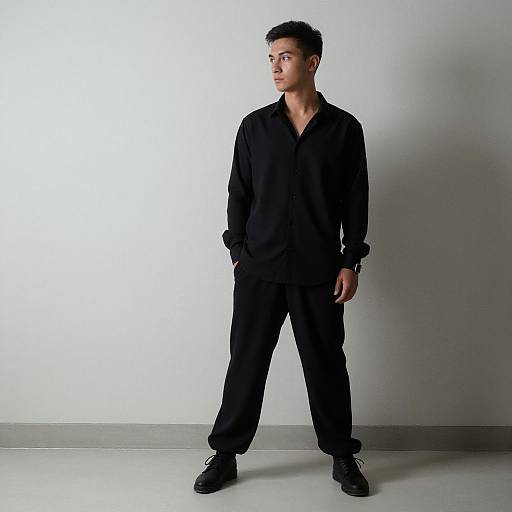 Photograph of a young Asian man with short black hair, wearing a black button-up shirt and pants, standing against a white wall, looking to the