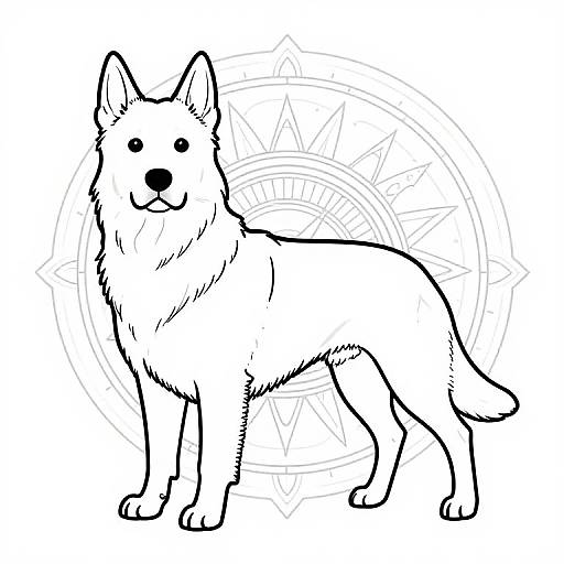 Black and white line drawing of a smiling, standing wolf with a symmetrical, circular geometric pattern in the background.
