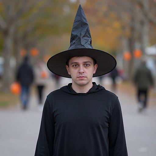 Photograph of a young man with pale skin, wearing a large black witch hat and black hoodie, standing outdoors in a blurred autumn park with orange lights