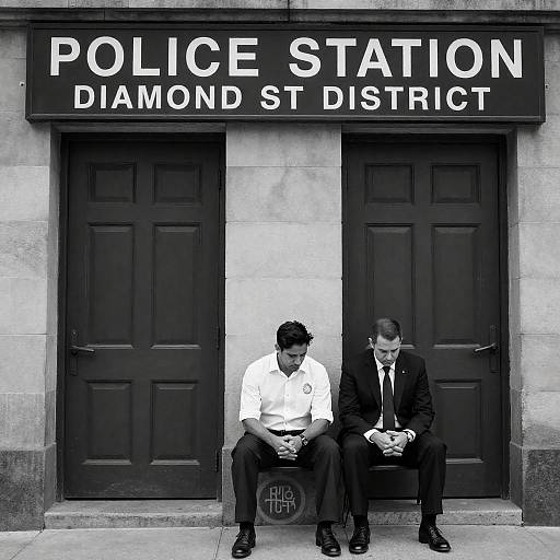 Candid Black-and-White Police Station Scene