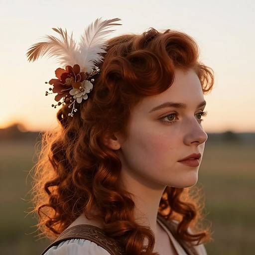 Photograph of a red-haired woman with curly locks, wearing a feather and flower headpiece, in profile against a sunset field.