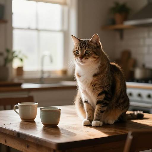 Photograph of a tabby cat with white chest, sitting on a sunlit kitchen table, looking alert, with two ceramic cups nearby.