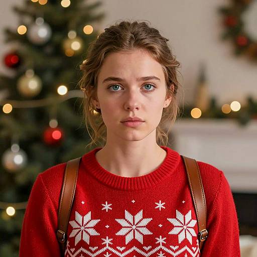 Serious Young Woman in Red Christmas Sweater