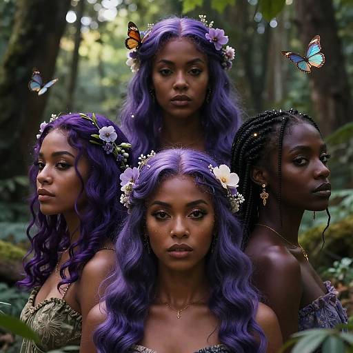 Photorealistic digital art of four dark-skinned women with purple hair, flower crowns, and butterfly accessories, standing in a lush forest.