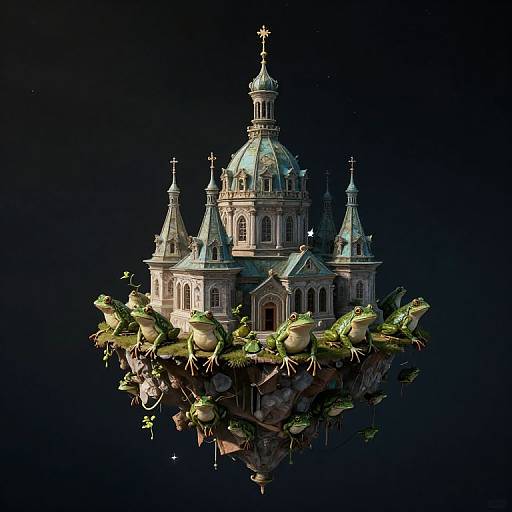 Photorealistic CGI of a floating, ornate cathedral with green, vine-covered domes and crosses, mirrored on a dark, reflective surface.