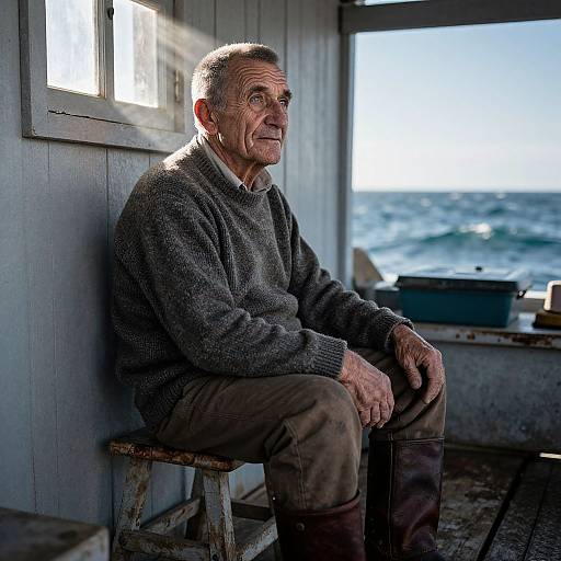 Photograph of an elderly Caucasian man with short gray hair, wearing a gray sweater and brown pants, sitting on a wooden stool by a coastal structure,