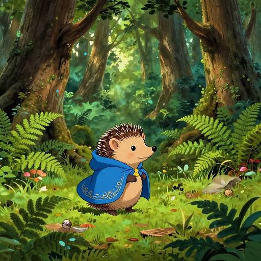 Whimsical digital illustration of a cute, smiling hedgehog in a blue hooded cloak standing in a vibrant, sunlit forest.