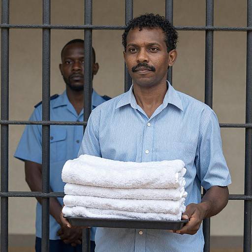Man Behind Bars with Towels and Tray