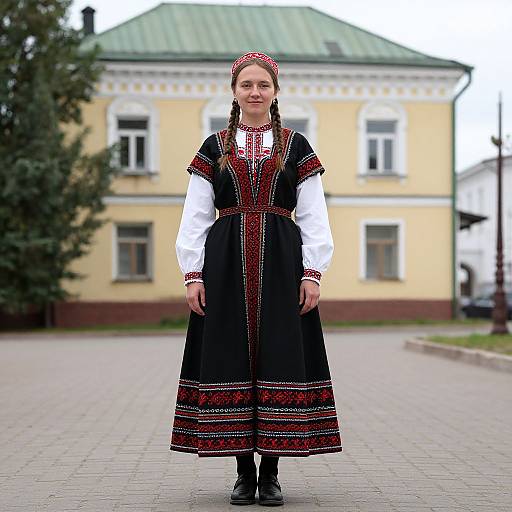 Photograph of a young woman in traditional black and red embroidered dress, white blouse, and black boots, standing on a paved street in front of a