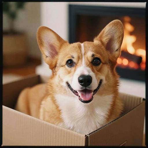 Photograph of a happy, tan and white Corgi with large ears, smiling with tongue out, inside a cardboard box in front of a cozy