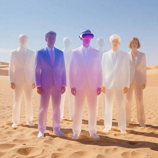 Photograph of six people in white suits standing in a bright desert; two central figures in blue and white suits with glowing pink visors.