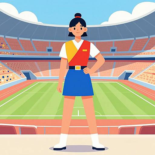 Digital illustration of a confident young woman with black hair in a bun, wearing a red-yellow-white vest, blue skirt, white shirt, and white socks