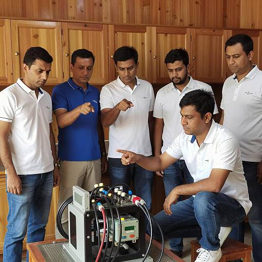 Men Analyzing Complex Machinery Setup