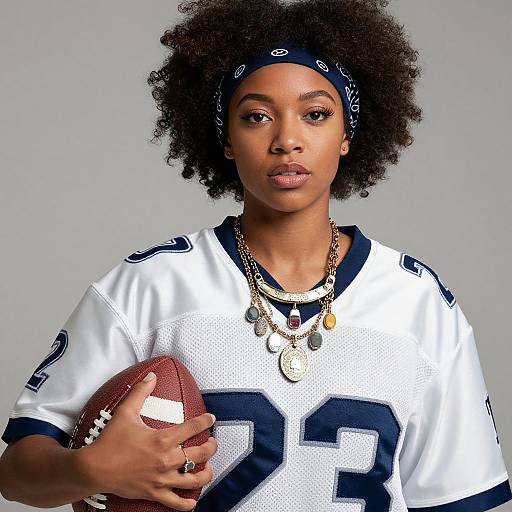 Photograph of a confident Black woman with natural afro, wearing a white NFL jersey number 23, black headband, layered necklaces, holding