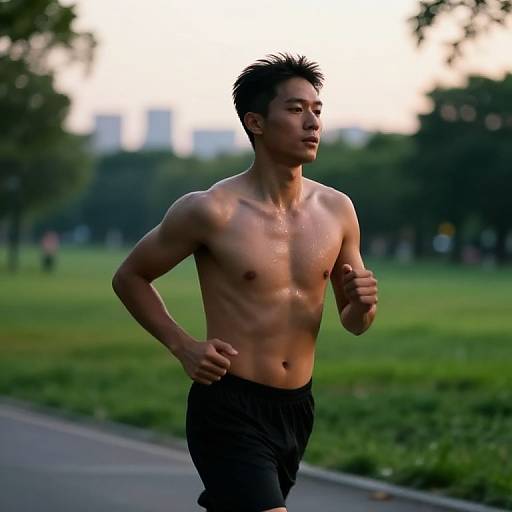 Photograph of a muscular, shirtless Asian man jogging in a park, wearing black pants, with a focused expression and glistening skin.