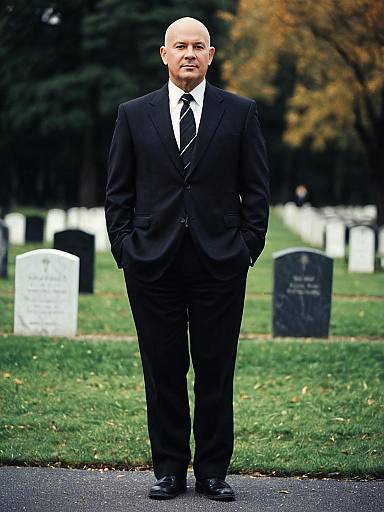Elderly Man in Formal Suit Standing in Cemetery