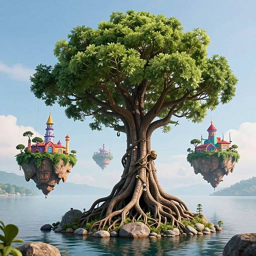 Fantasy illustration of a giant tree with sprawling roots, supporting two floating, colorful houses with towers, above a calm blue lake.