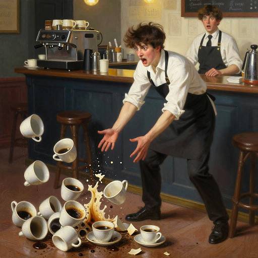 Photograph of two shocked male baristas in white shirts and black aprons, as white teacups and saucers catch fire on a wooden