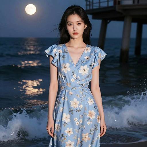 Moonlit Woman in Floral Dress