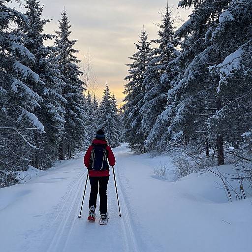 Photograph of a skier in red jacket and black pants, using poles, walking through a snowy forest path with snow-covered trees at sunset.