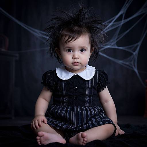 Photograph of a cute baby with black spiky hair, wearing a black pinstriped dress with a white collar, sitting against a dark background