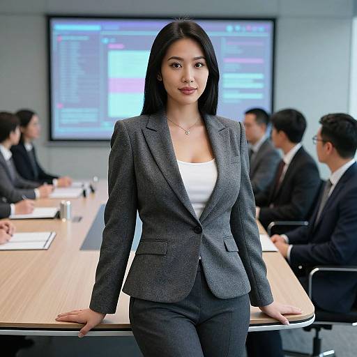 Photograph of an Asian woman in a gray blazer and white top, standing confidently in a modern conference room with blurred business professionals and a projection screen