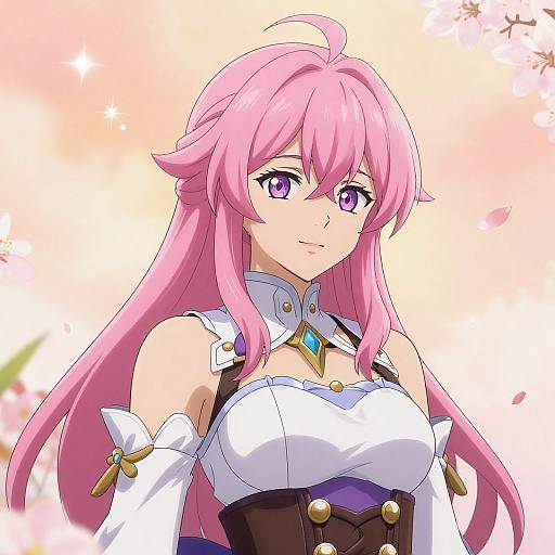 Anime-style digital drawing of a pink-haired, purple-eyed woman with large breasts, wearing a white and brown fantasy outfit, smiling against a soft pink and