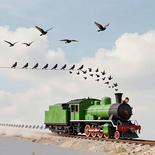 Digital illustration of a green steam locomotive with red wheels, surrounded by flying black birds against a bright blue sky.