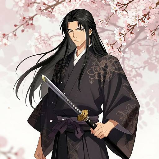 Digital anime-style drawing of a handsome man with long black hair, wearing a black kimono, holding a katana, against a cherry blossom background.