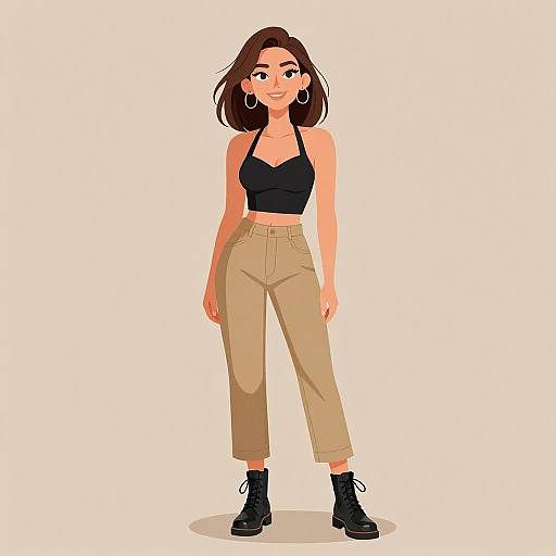 Digital illustration of a smiling young woman with brown hair, wearing a black crop top, high-waisted beige pants, black ankle boots, and hoop