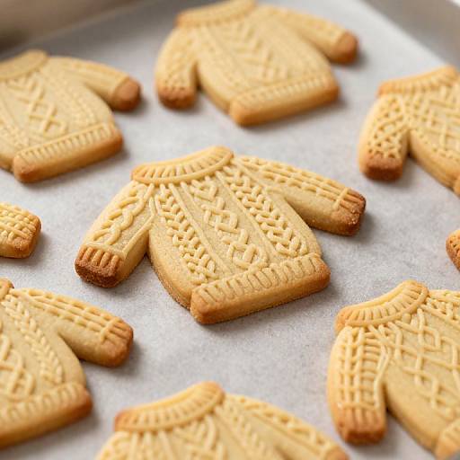Photograph of golden-brown, intricately patterned, knitted-sweater-shaped cookies on a silver baking tray, showcasing detailed texture and cozy