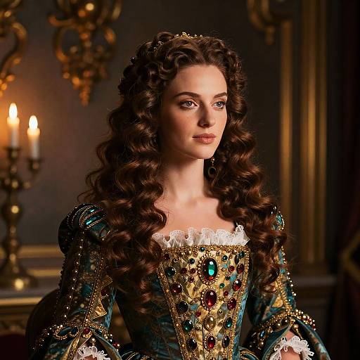 Photograph of a fair-skinned woman with long, curly brown hair, wearing an elaborate, gold-embellished, green Renaissance-style gown,